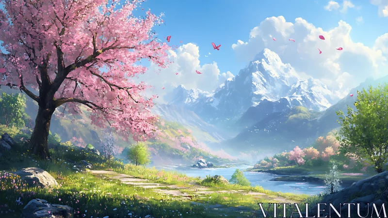 Cherry blossom valley under luminous alpine peaks.