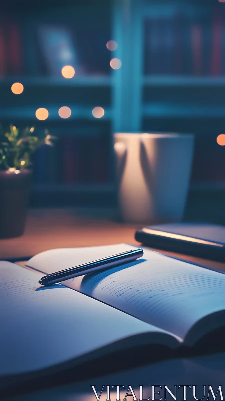 Night desk journal with pen, mug, bokeh lights glow.