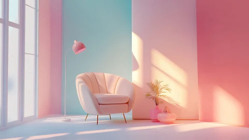 Pastel lounge corner with shell chair, floor lamp, soft light
