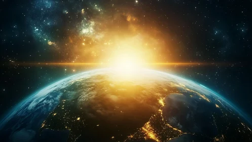 Solar dawn over Earth with luminous city lights and nebula glow.