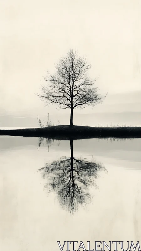 Solitary winter tree quietly negotiates with its mirror twin