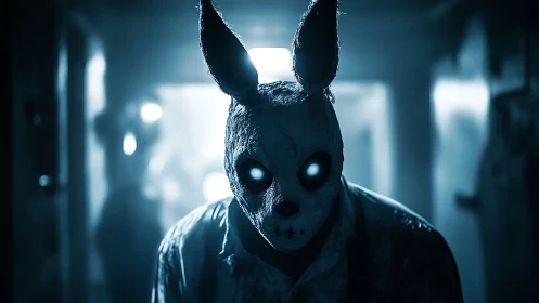 Creepy rabbit mask figure in dark blue hallway scene.