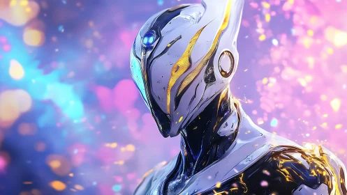 Futuristic chrome android glows against vibrant bokeh field