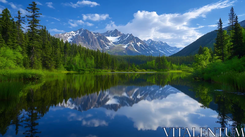 Alpine lake mirror symmetry captures snow-capped mountain range