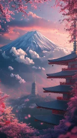 Snow-capped mountain and tiered pagoda in cherry blossom valley.