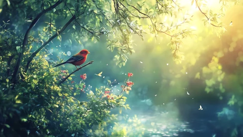 Vivid Red Bird on Branch in Dreamy Sunlit Forest Scene.