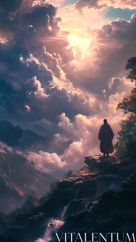 Solitary wanderer confronting radiant stormlit heavens.