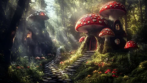Enchanted mushroom cottages glow under dappled forest light.
