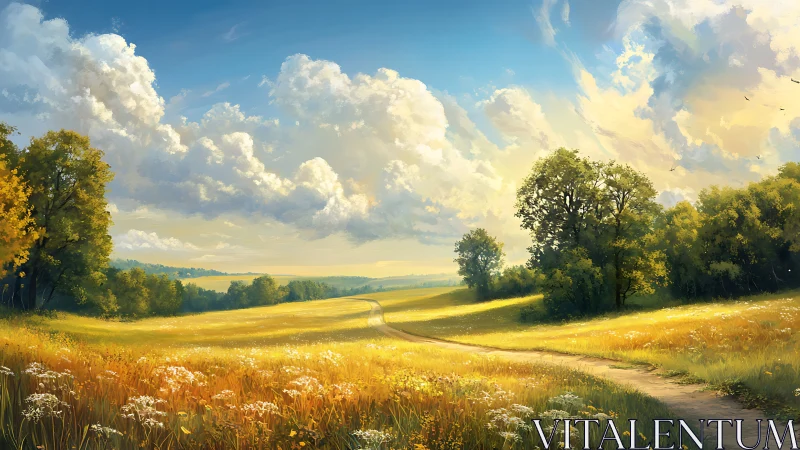 Golden country path wanders through a bright summer meadow