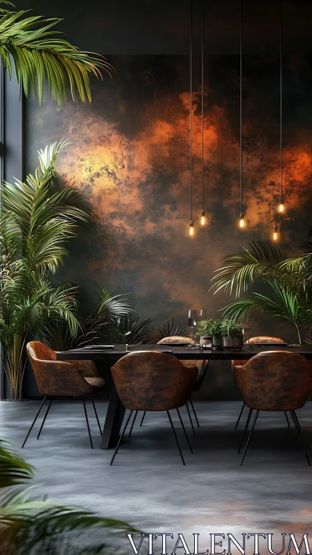 Lush urban jungle dining glows against molten ember walls.