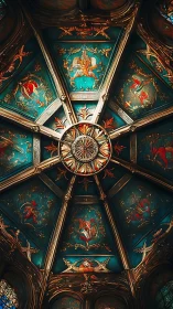 Gilded radial cathedral ceiling with teal panels and iconography
