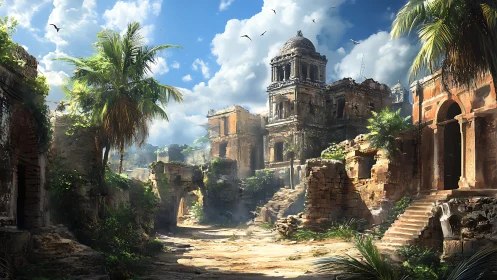 Sunlit tropical citadel ruins under volumetric cloudscape.