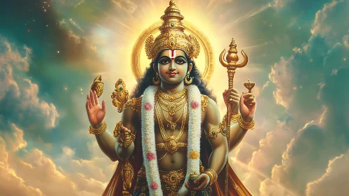 Hindu deity with four arms stands amid glowing clouds and light