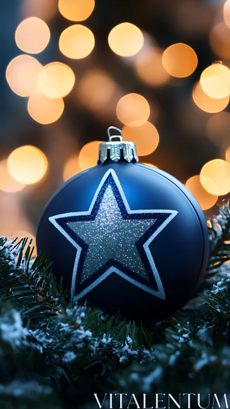 Blue star ornament with glitter detail and warm bokeh lights.