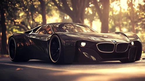 Futuristic black BMW hypercar in sunlit tree-lined avenue