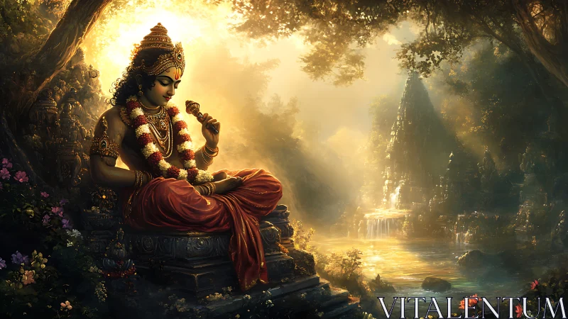 Sun-drenched forest deity in lotus calm beside golden falls.