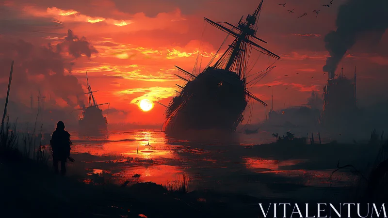 Sunset wanderer watching quiet ships fade into mist.