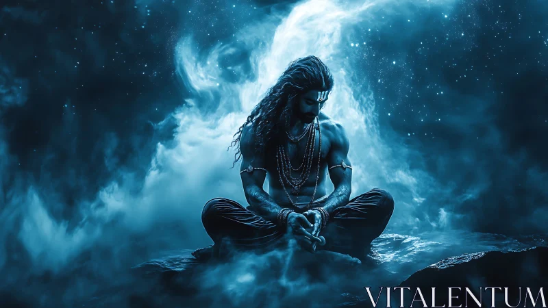 Cosmic blue yogi in meditative stillness against nebulous void