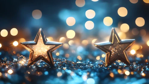 Golden star ornaments amid blue bokeh holiday lights.
