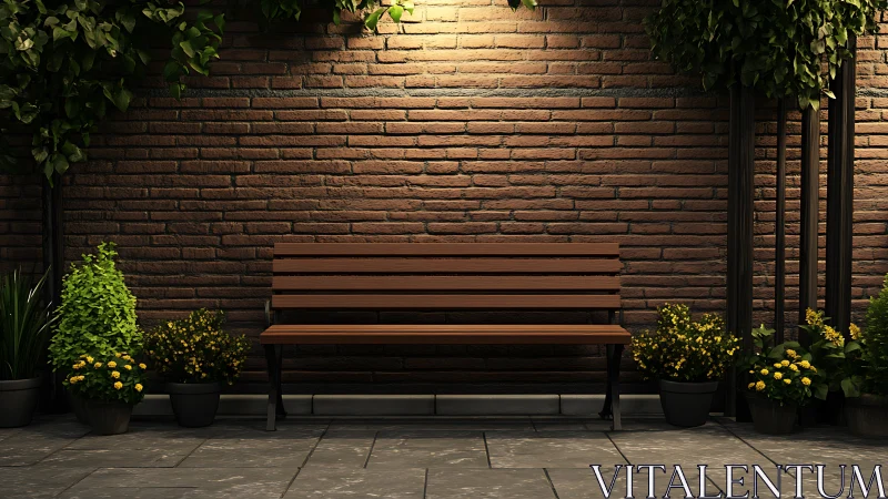 Warm courtyard bench glows softly against a brick garden wall