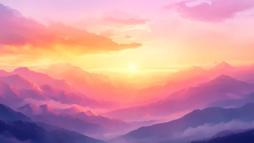Radiant pastel sunrise over layered misty mountainscape.