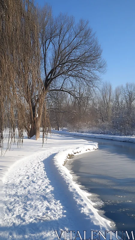 Snow-covered riverside path curves beside a partially frozen canal