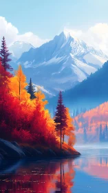 Autumn conifer forest beside alpine lake and snow peaks.