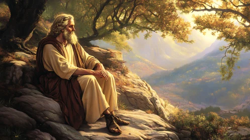 Mountain sage in golden solitude above a dreaming valley.