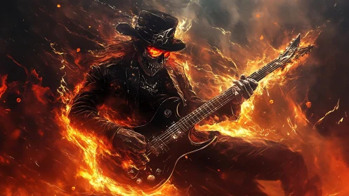 Flaming skeletal guitarist shreds amid infernal firestorm.
