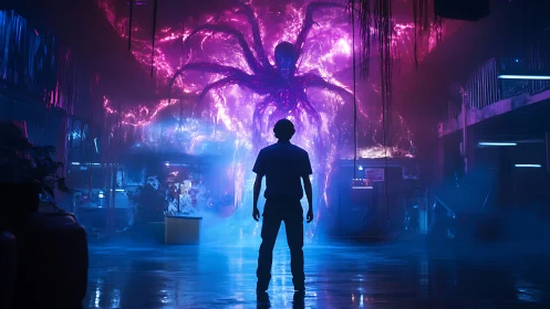Neon void titan confronts lone explorer in glowing warehouse.
