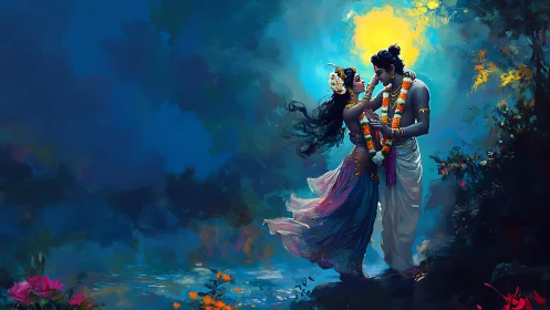 Moonlit romantic couple in saturated blue mystical forest