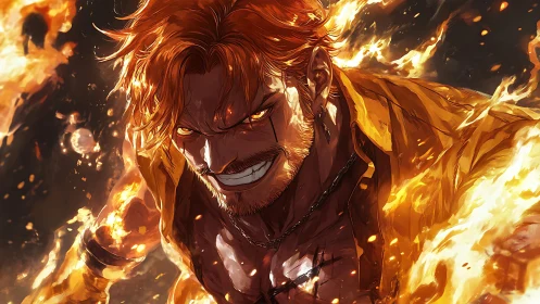 Fierce flame warrior with burning aura and intense gaze.