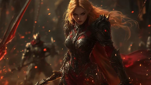 Blazing warlord queen strides through ember-swept battlefield.