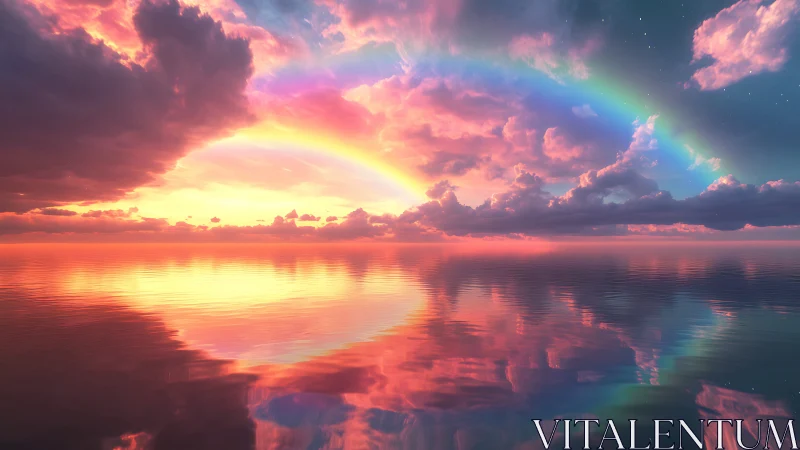 Rainbow sunset ignites mirrored ocean horizon with color.