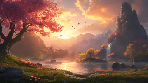 Romantic sunset valley with sakura tree and waterfalls panorama.