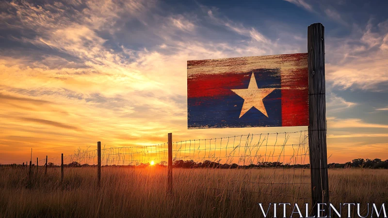Texas star fence sign glows against blazing rural sunset.