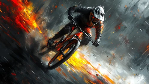 Mountain Biker Races Through Fiery Storm Landscape