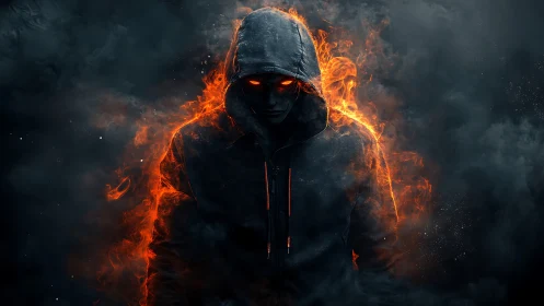 Hooded fire entity emerges from smoke with infernal intensity