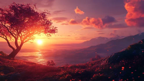 Sunlit tree overlooks glowing valley under vivid sunset sky