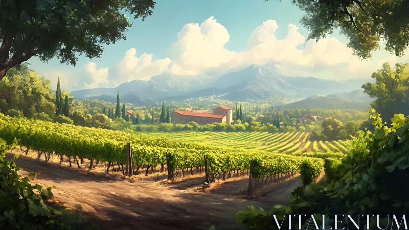 Sunlit hillside vineyard recedes toward distant blue mountains