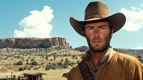 Western cowboy in desert landscape close-up portrait.