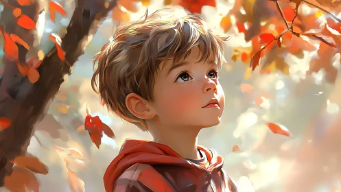 Young child gazing upward beneath autumn foliage in digital rendering