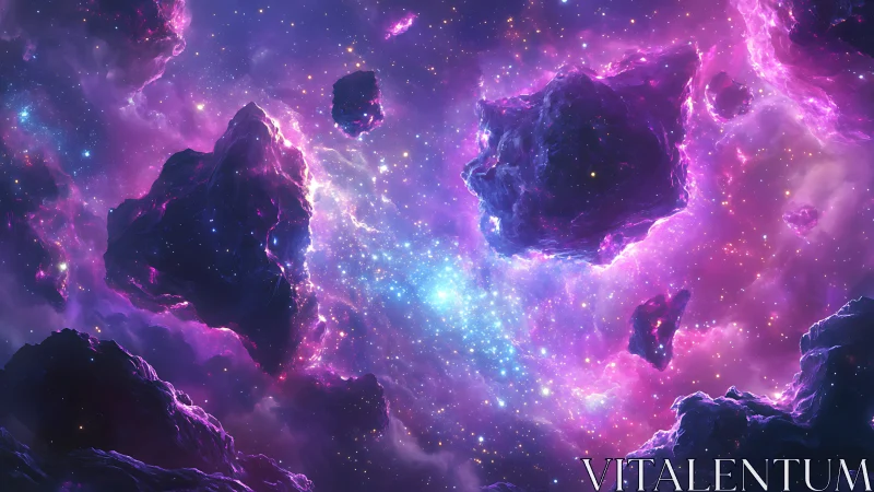 Glowing cosmic asteroids drifting through a violet nebula.