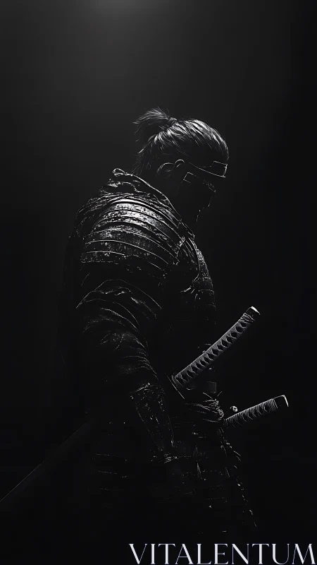 Lone armored samurai warrior in stark monochrome light.