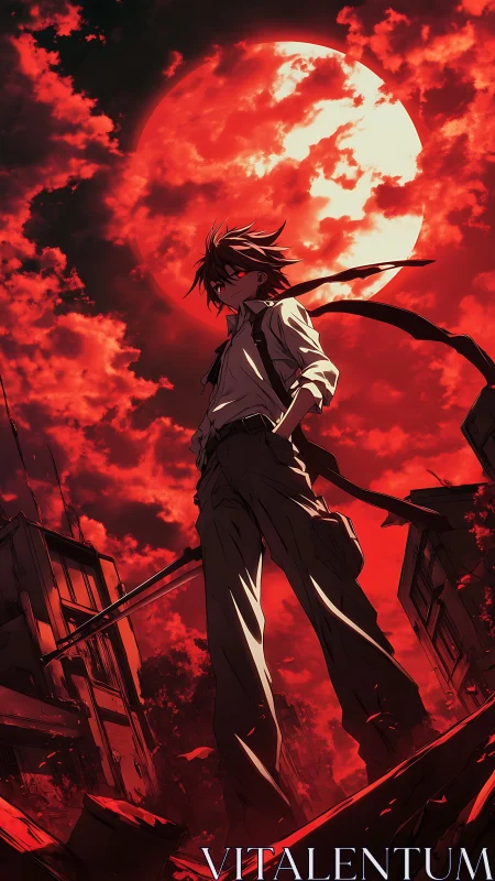 Backlit swordsman under blood-red supermoon in ruined cityscape