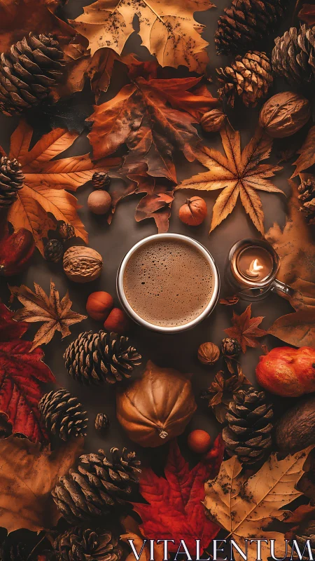 Moody autumn flatlay with coffee, candle and foliage warmth.