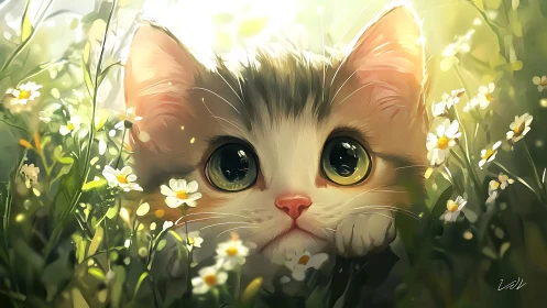 Feline Portrait Amid Flowering Vegetation with Luminous Atmospheric Effects.