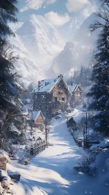 Snow-covered alpine village lane below steep glaciated peaks