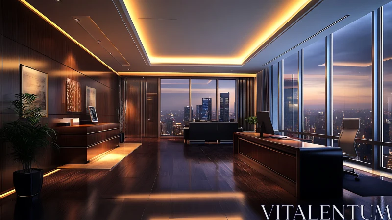 Executive corner office interior with city skyline view.