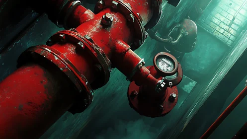 Industrial scarlet pipeline under moody green basement glow.